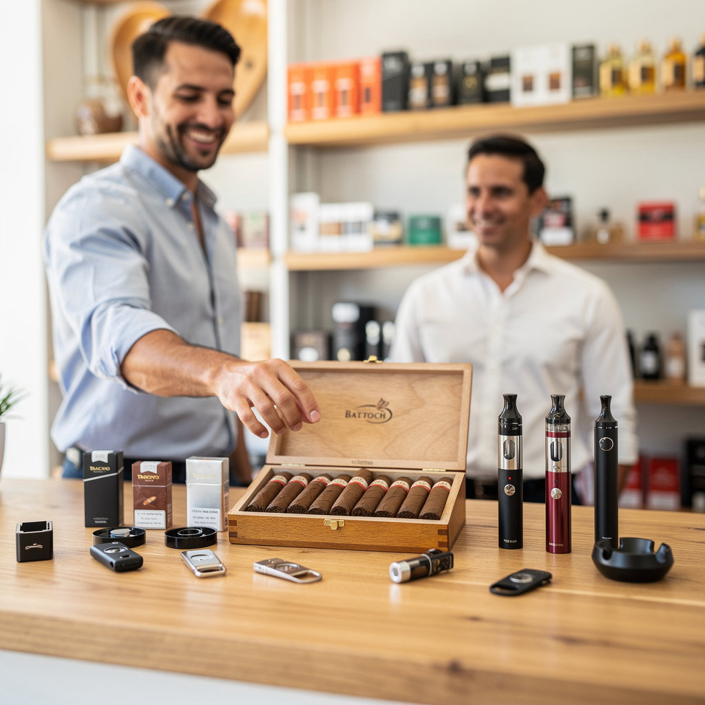 SB TOBACCO premium product display featuring cigars, vapes, and accessories in Santa Barbara